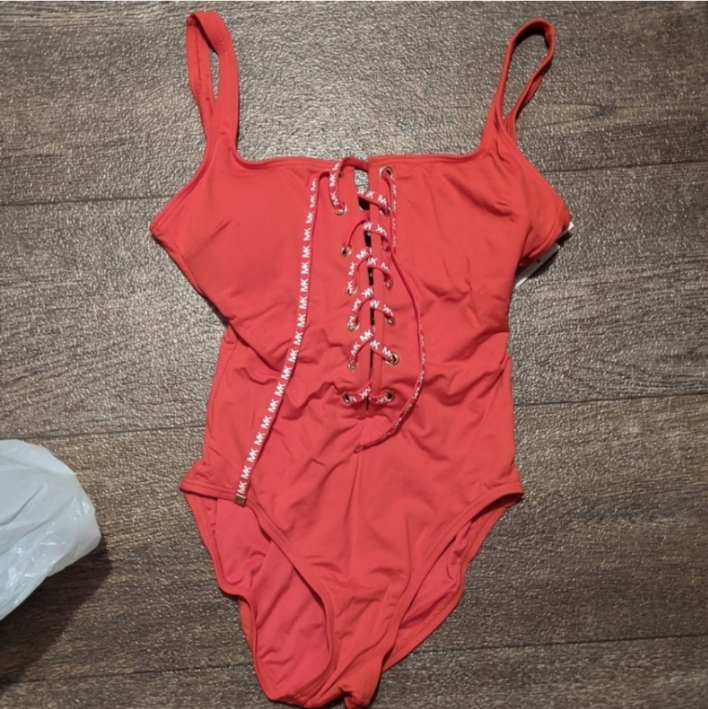 Michael Kors MK Tie Front One Piece Red Bathing Swim Suit Cruise Collection Sz 8